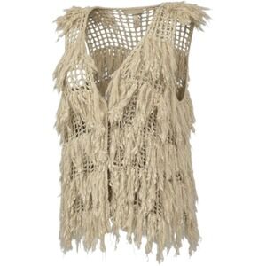 M L The Classic cream open weave‎ sleeveless boho sweater knit fringe vest
